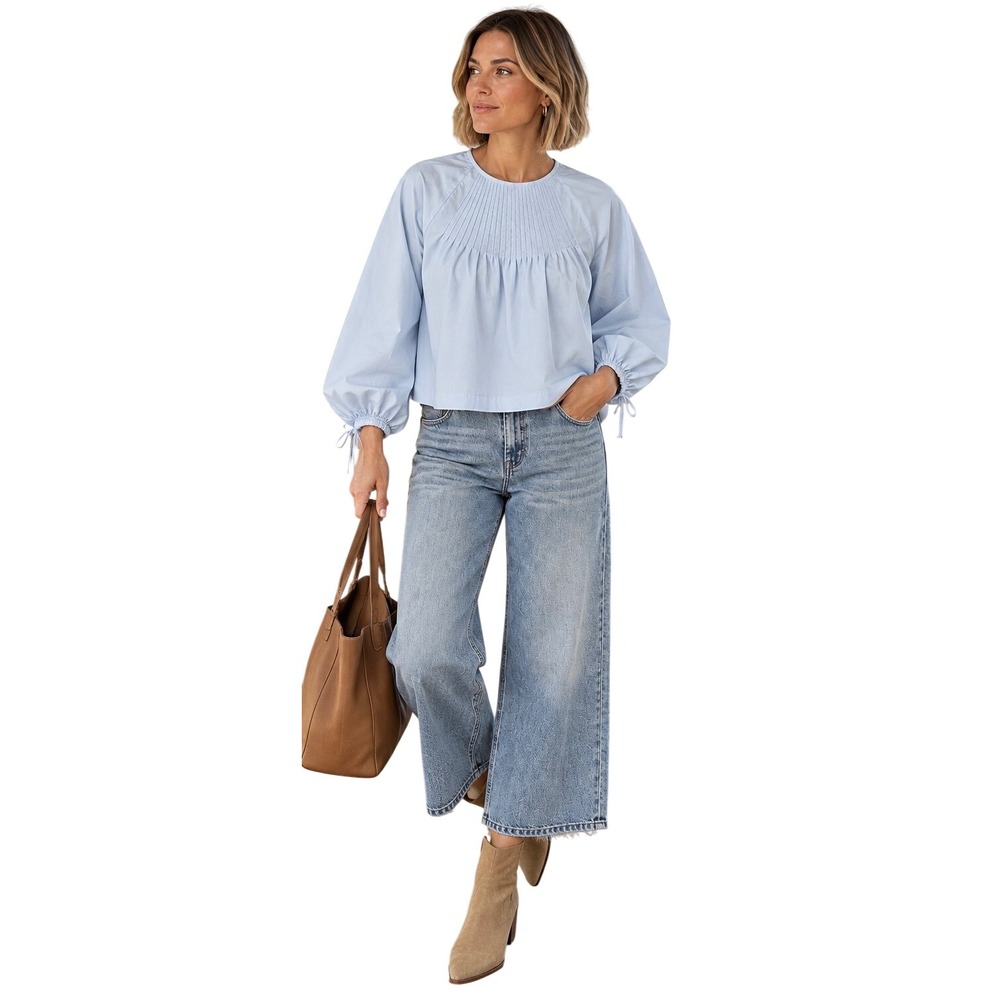 Wilfred Aritzia Blue Cotton Pintuck Open Back Tie Cropped Blouse Top S